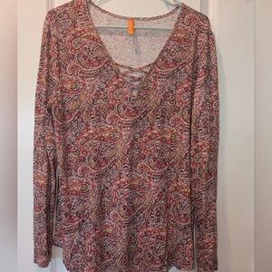 Feiersi paisley-print long-sleeved women's top with a lace-up v-neck XL